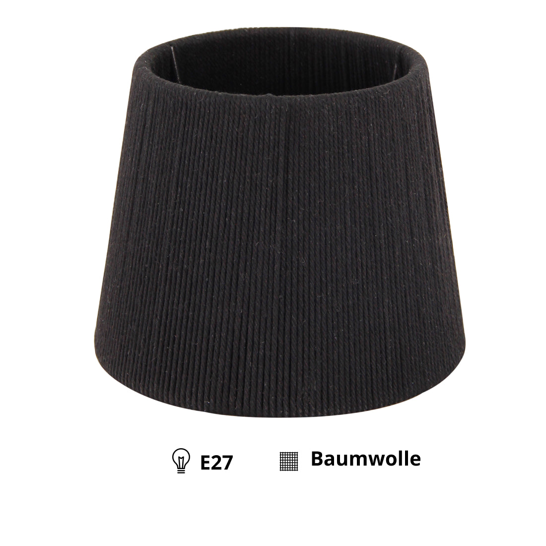 Vrijstaande ronde lampenkap van zwart katoen-koord tegen een lichte achtergrond.