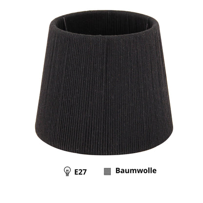 Vrijstaande ronde lampenkap van zwart katoen-koord tegen een lichte achtergrond.