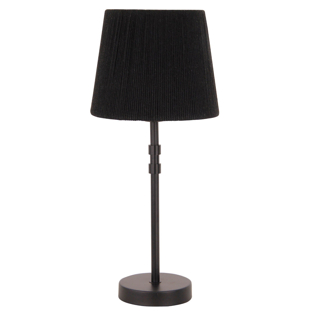 Moderne zwarte drum-lampenkap met een ambachtelijke geweven textuur.