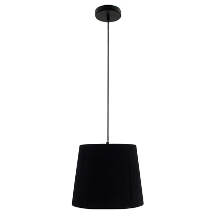 Moderne zwarte drum-lampenkap met een ambachtelijke geweven textuur.