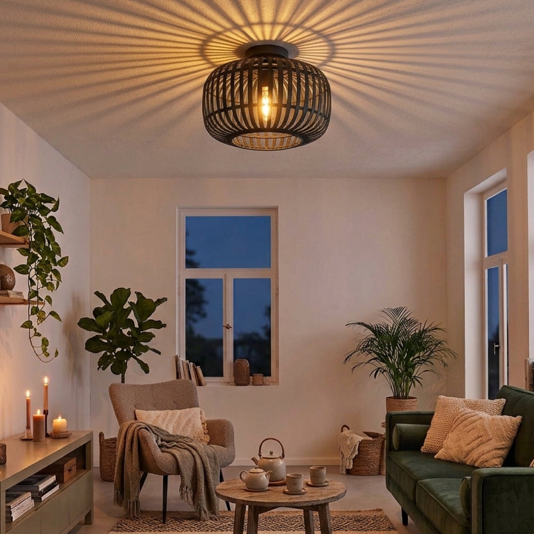 De zwarte rattan plafondlamp voegt een trendy, natuurlijke touch toe aan je interieur. Perfect voor een gezellige sfeer!