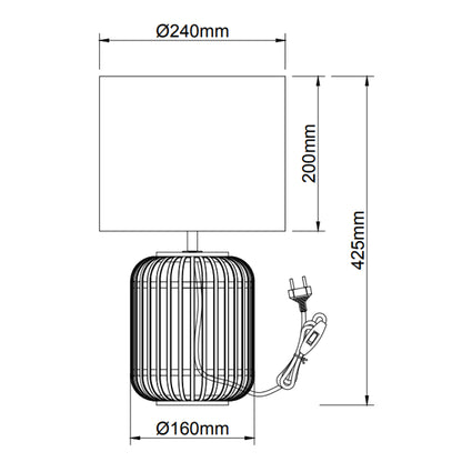 Technische tekening van de Various Woven tafellamp Ø24 cm met afmetingen en E27 fitting.