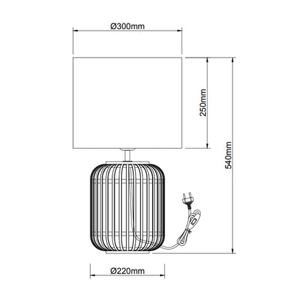 Technische tekening van de Various Woven tafellamp Ø30 cm met afmetingen en E27 fitting.