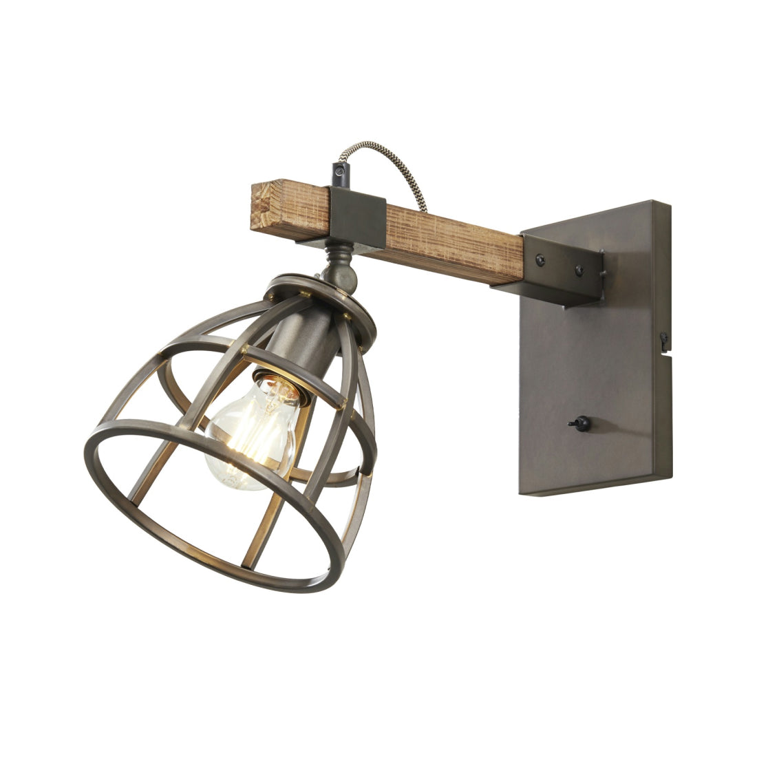 Close-up van het industriële metaal en houten accent van de Chericoni Aperto wandlamp Ø18 cm.