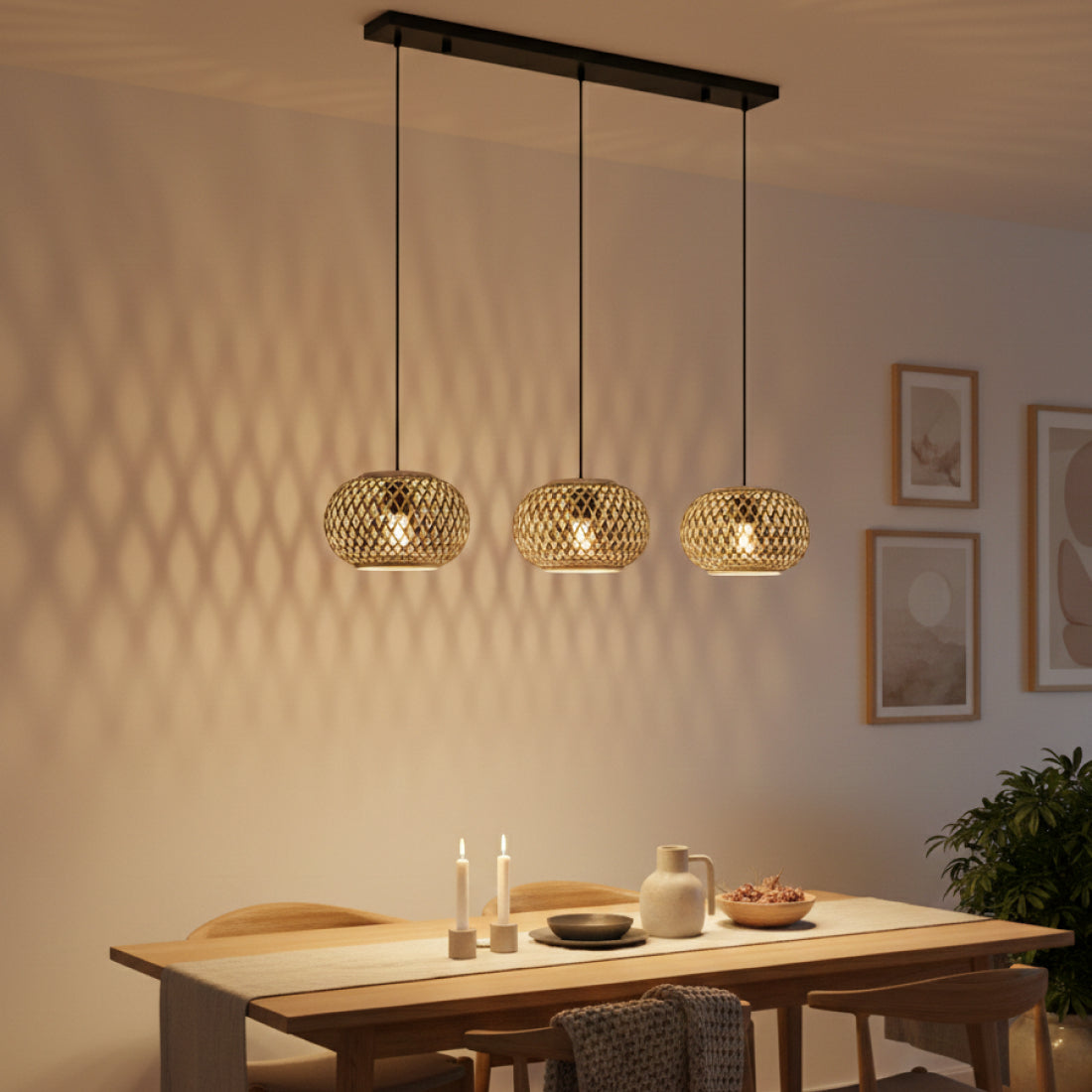 Various Weaving Hanglamp - 3 lichts - E27 - Bamboe - Ø28 cm - Natuurlijke sfeer met bamboe design