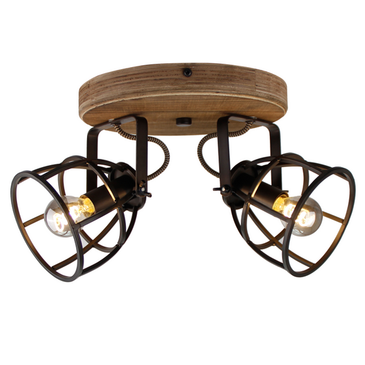 De zwarte plafondlamp Aperto heeft een industrieel design met houten accenten.