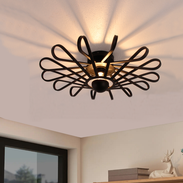 De zwarte Arco plafondlamp in een industriële stijl toont een robuuste afwerking.