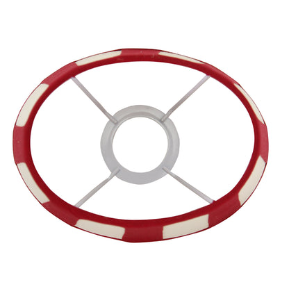 Deze moderne lampenkap in rood en crème geeft een warme uitstraling aan elke kamer. Perfect voor sfeervolle verlichting.
