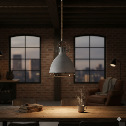 In de lucht zwevend, voegt deze lichtgrijze hanglamp een industriële charme toe aan elke ruimte.