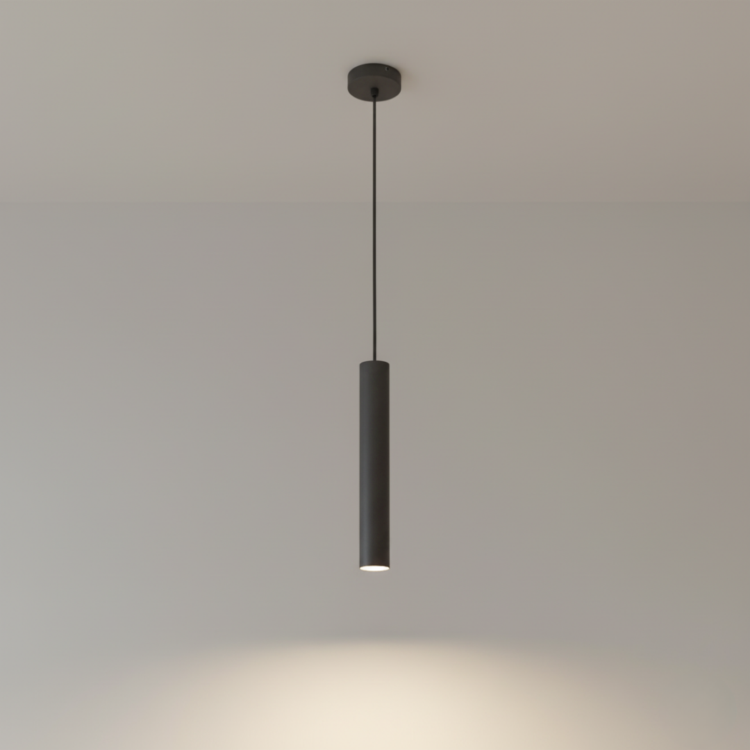 Detail van de grijze hanglamp Tubo met betonlook. Voegt een stoere, industriële sfeer toe aan iedere ruimte.