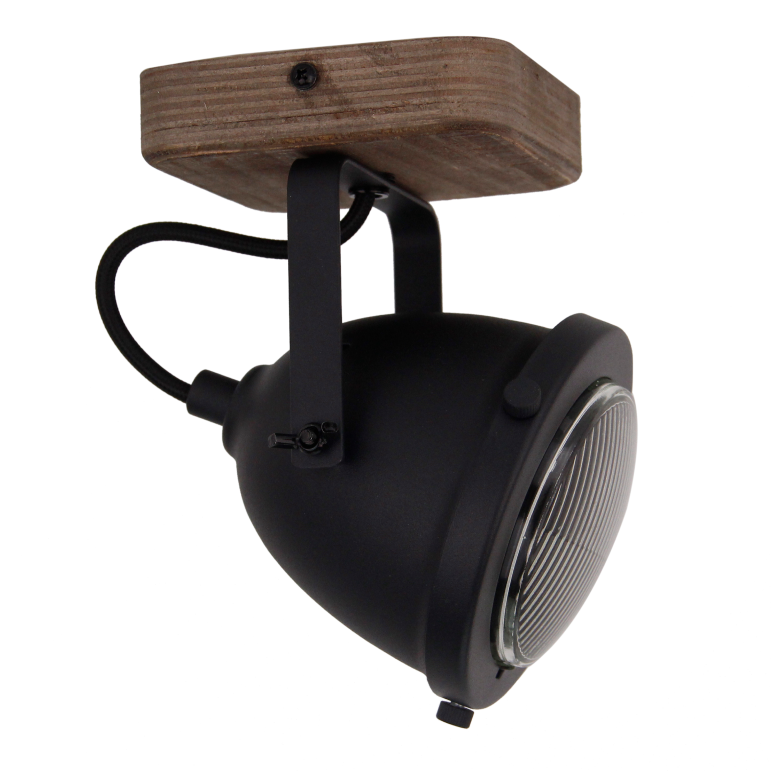 Een gedetailleerde close-up van de zwarte Bella plafondlamp. Deze industriële lamp voegt karakter toe aan elke ruimte.