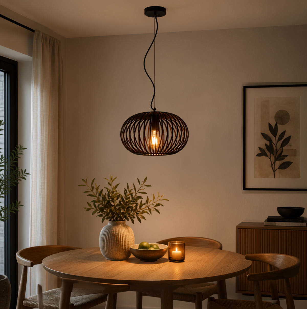 De zwarte Curvato hanglamp past perfect in een industrieel interieur. Creëert een warme en moderne sfeer boven de eettafel.