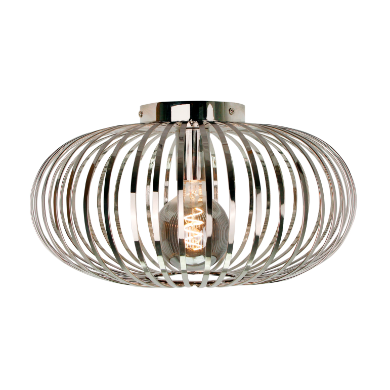 Sleek chrome ceiling light with a modern twist. Perfectly enhances any contemporary room with its elegant design.