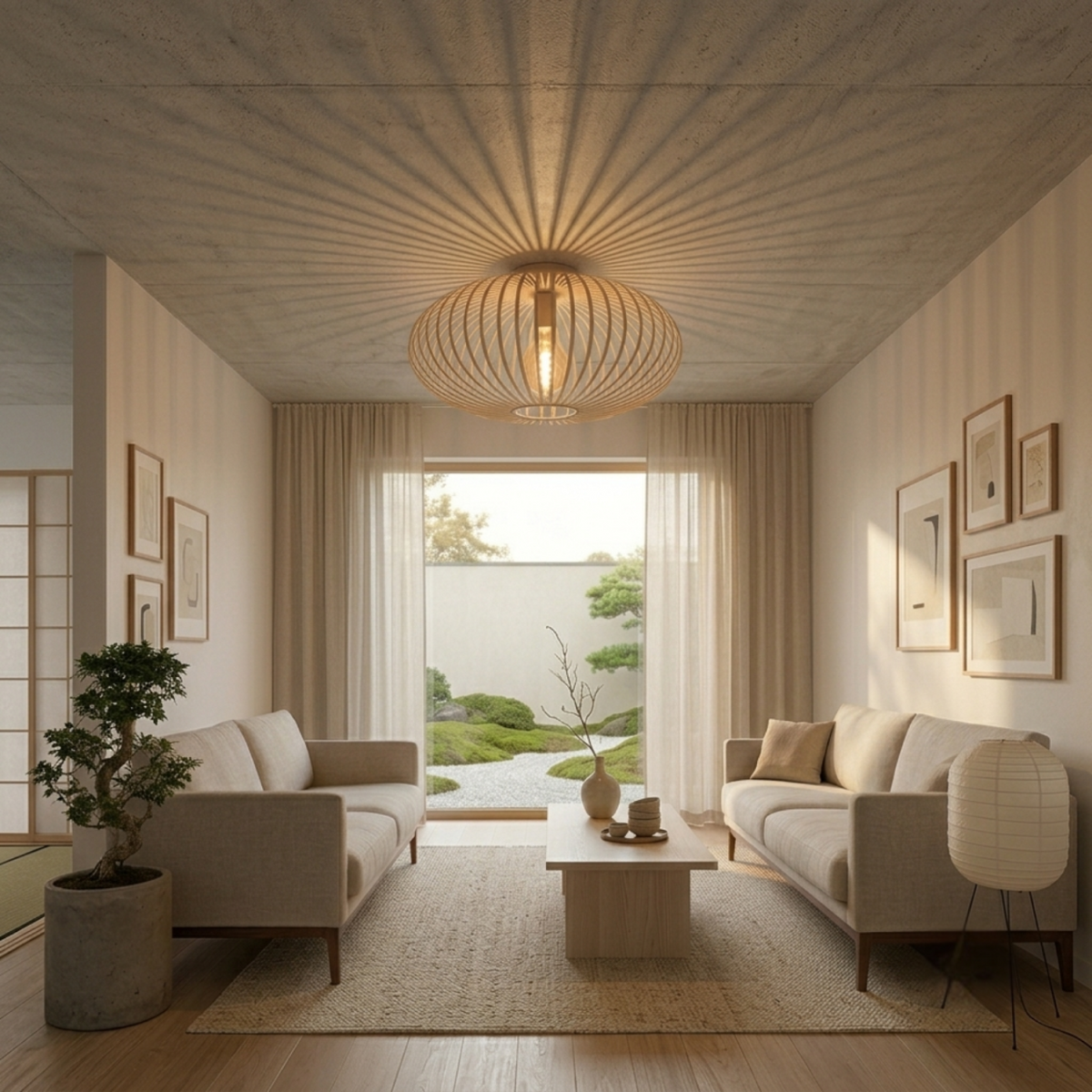 De zandkleurige Curvato plafondlamp brengt een stijlvolle Japandi-sfeer in jouw interieur. Perfect voor een rustige ambiance.