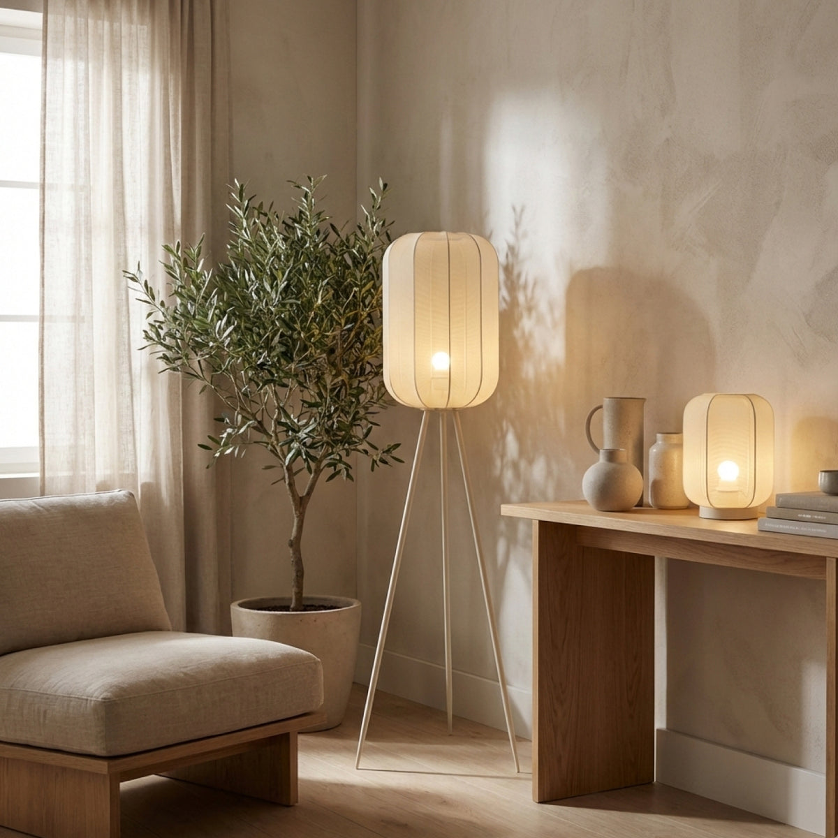 Soft cream table lamp Lecce radiates a serene Japandi style. Perfect for creating a calming ambiance in any room.