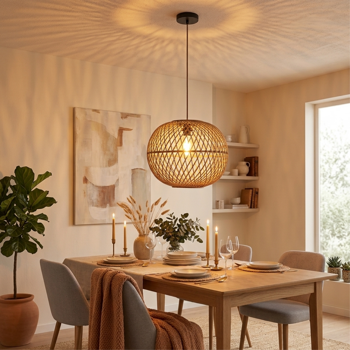 Deze bruin bamboe hanglamp voegt een warme, landelijke sfeer toe aan je interieur. Perfect voor boven de eettafel.