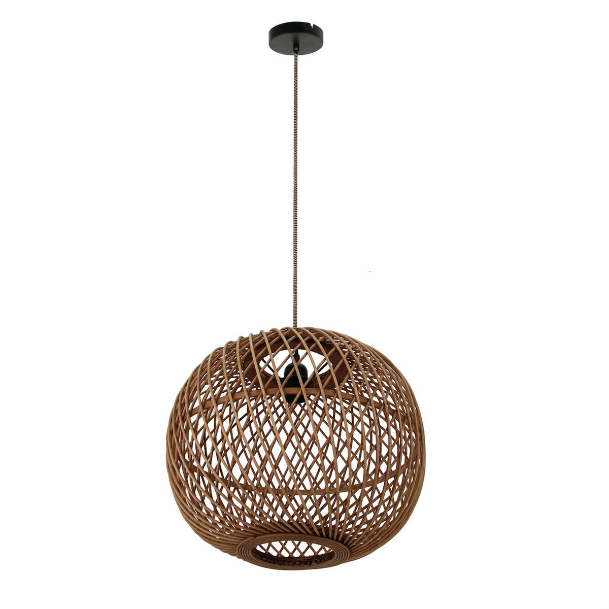 Deze hanglamp in bruin bamboe en metaal geeft een warme, landelijke sfeer. Perfect voor een gezellige eetkamer of woonkamer.
