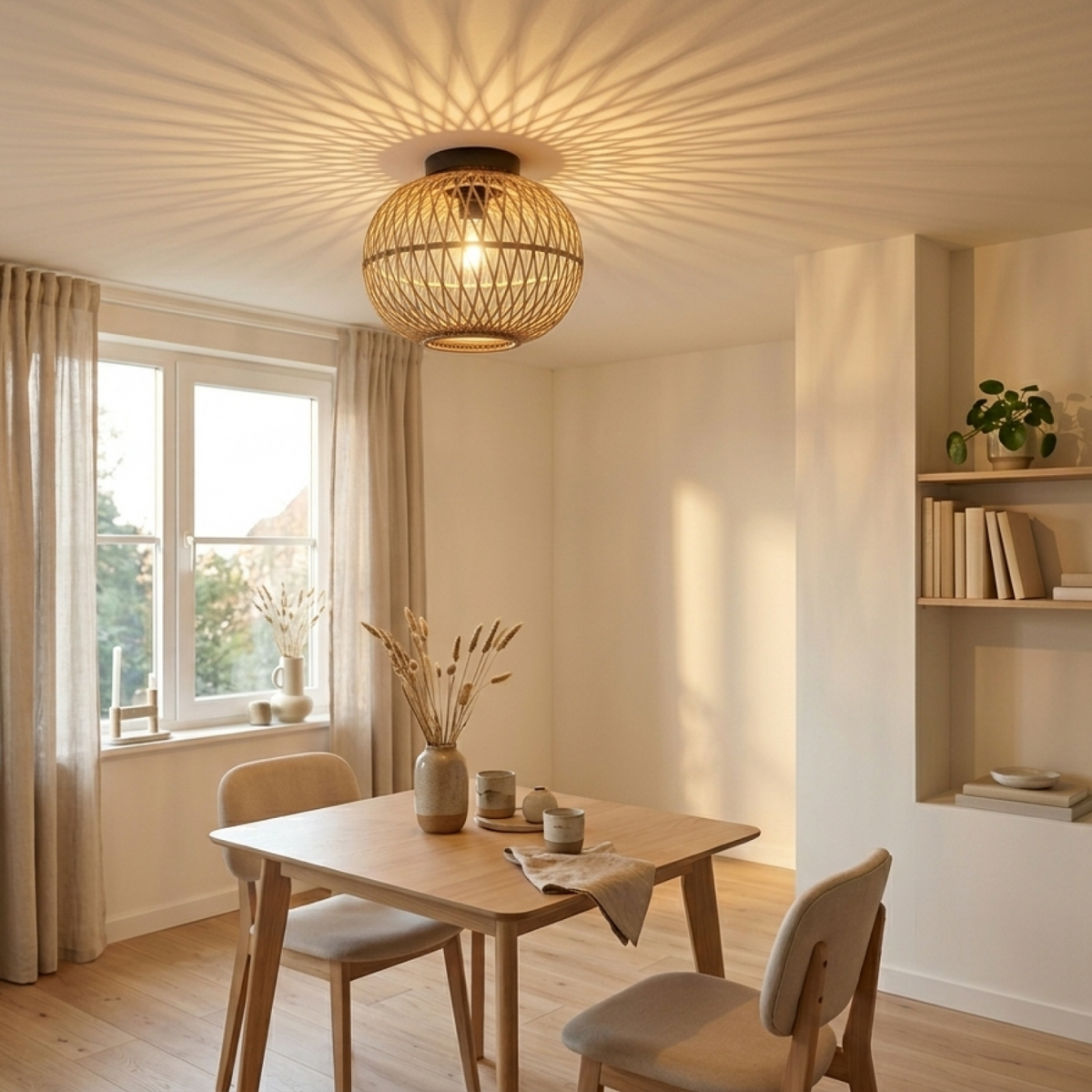 Rustieke plafondlamp in bruin bamboe met een rond ontwerp. Perfect voor een warme, landelijke sfeer in je interieur.