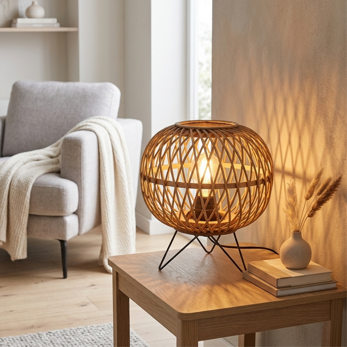 Een prachtige bruin bamboe tafellamp die landelijke charme toevoegt aan jouw interieur. Perfect voor een warme sfeer.