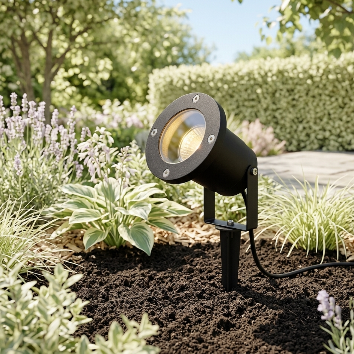 De zwarte Ray outdoorspot voegt een moderne touch toe aan uw tuin. Creëert een sfeervolle ambiance bij nacht.