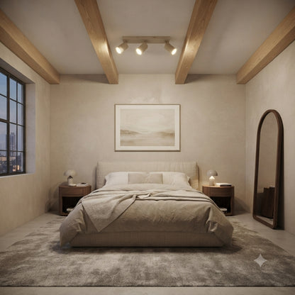 Zandkleurige Rigo plafondlamp in een strak metalen ontwerp. Ideaal voor een warme en moderne sfeer in uw interieur.