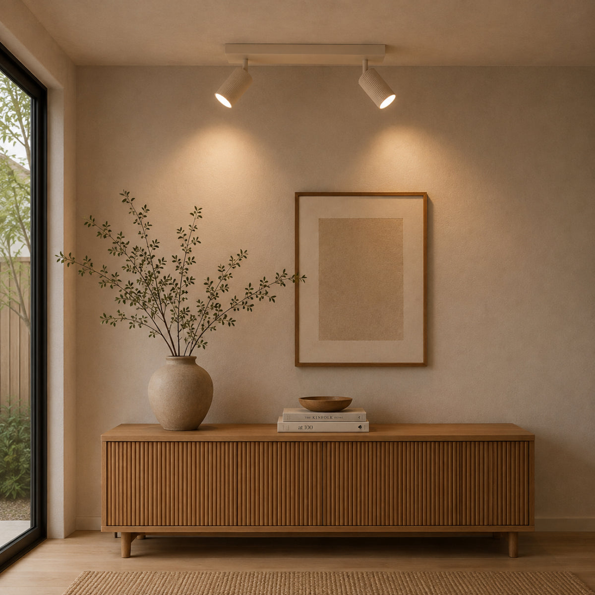 Elegante plafondlamp Rigo in zandkleur voor een warme, moderne uitstraling.