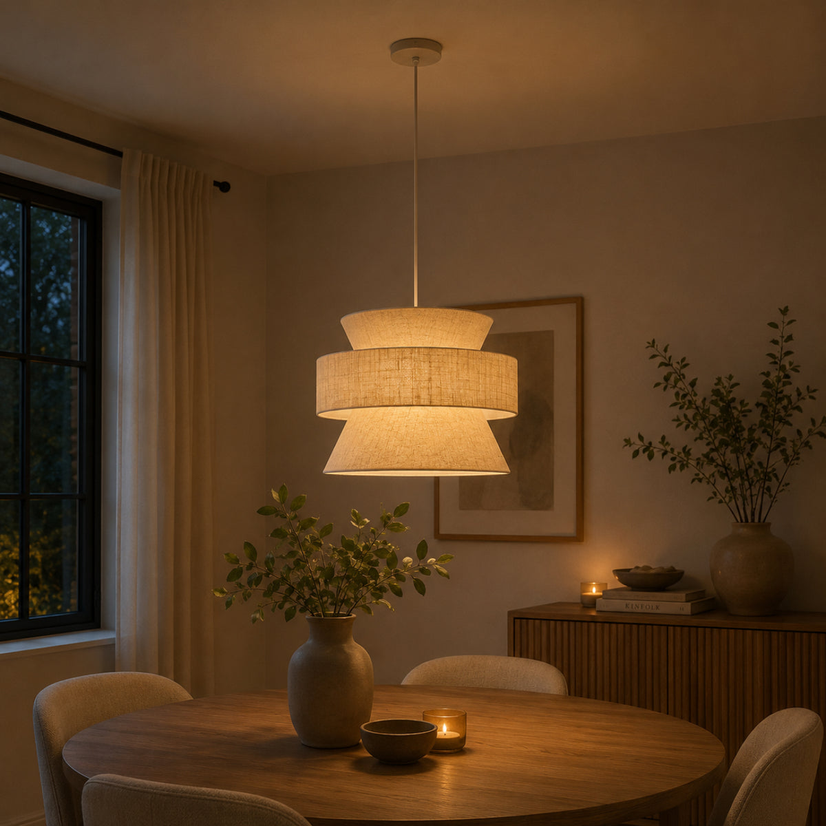 De Scarlisa hanglamp in beige brengt een rustieke Japandi-sfeer in huis. Perfect voor een warme, uitnodigende ambiance.