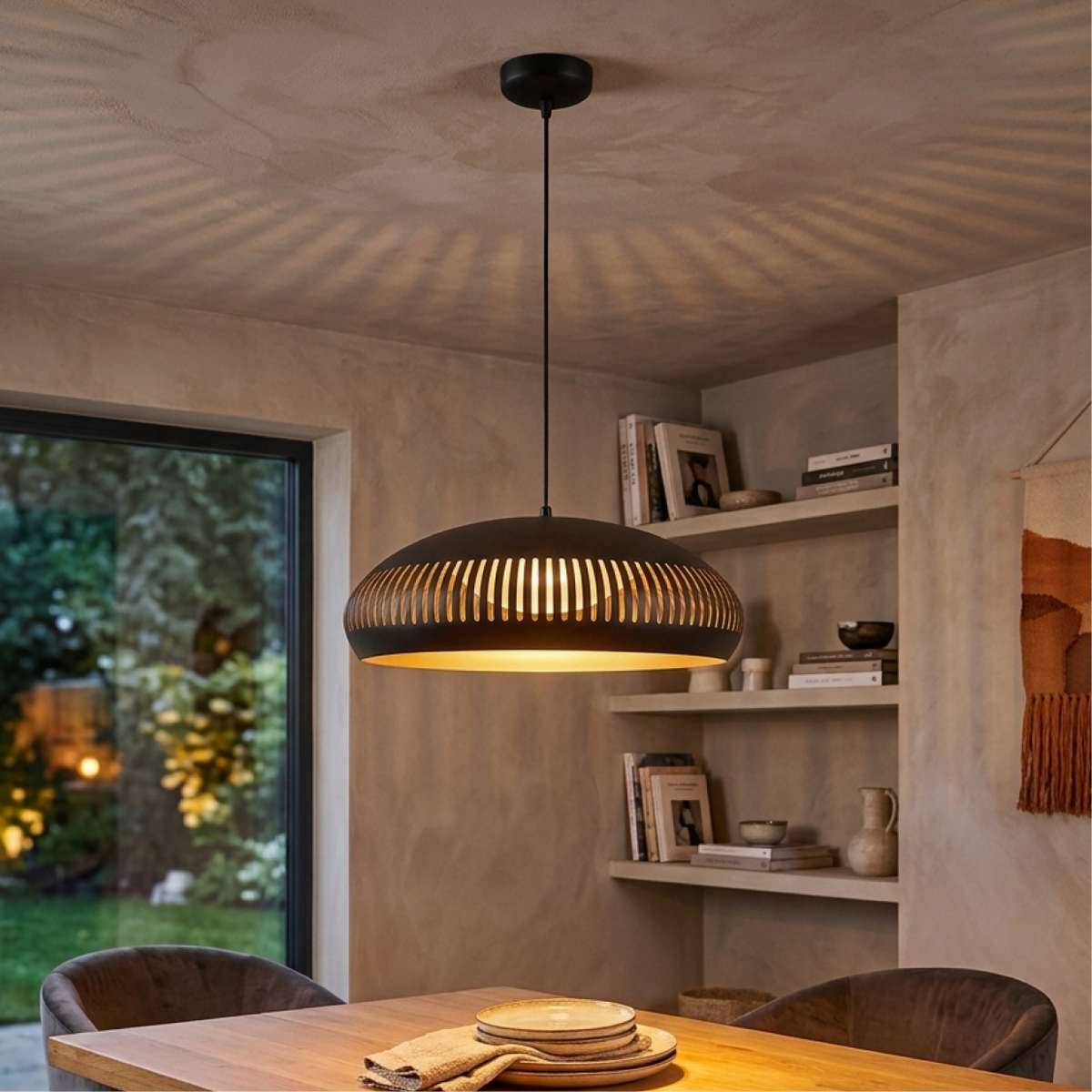 Illuminate your space with the Strisce pendant light in sleek black. Its industrial charm adds a bold touch to any decor.