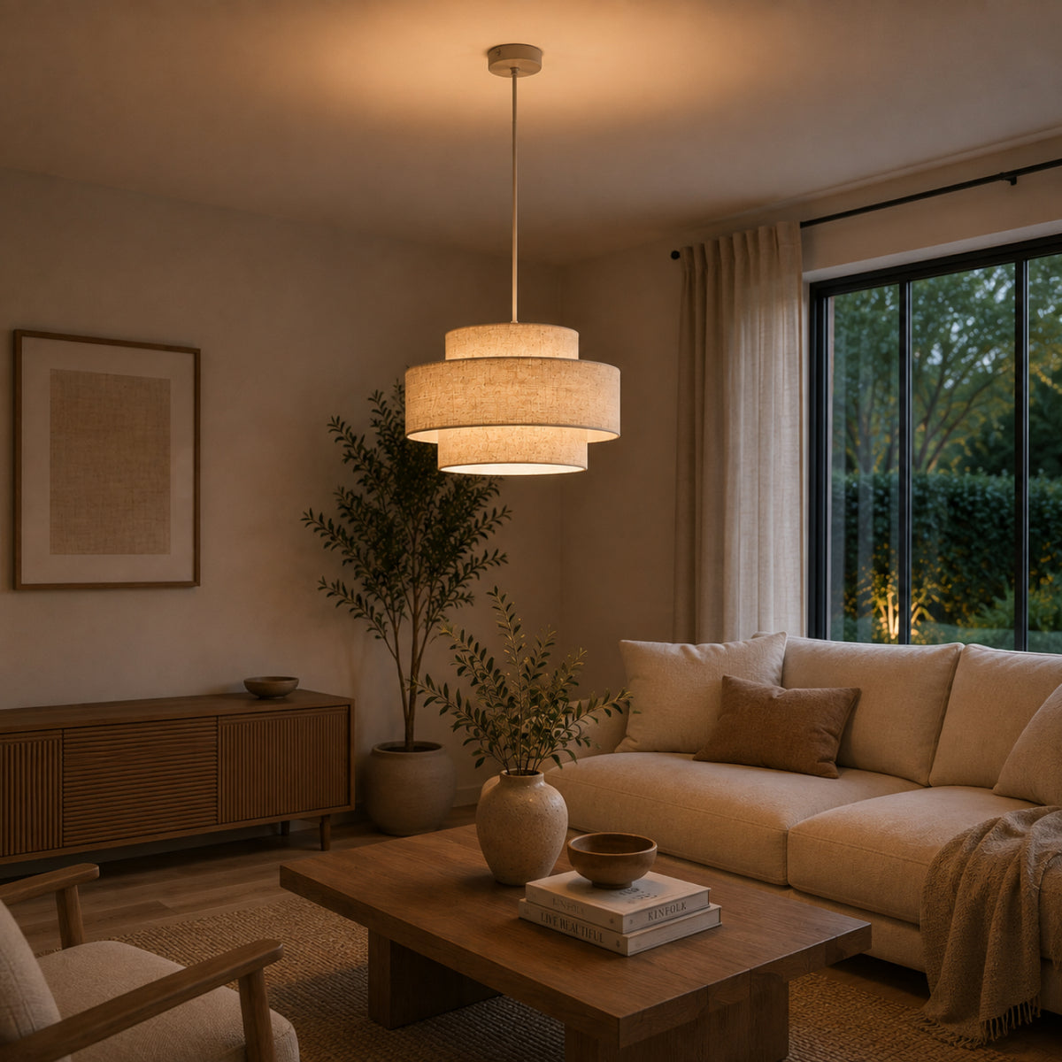 De Trilo hanglamp in beige straalt een warme, Japandi sfeer uit. Perfect voor een gezellige eet- of zithoek.