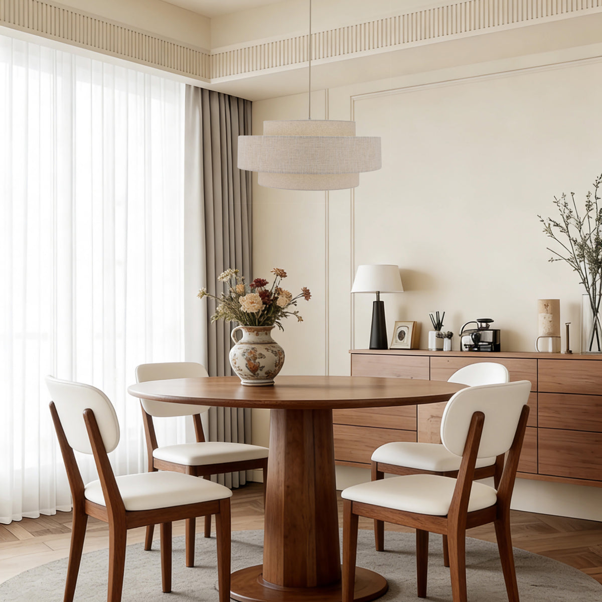 Beige Trilo hanglamp in zachte linnen-look. Een sfeervolle toevoeging voor een Japandi geïnspireerde ruimte.