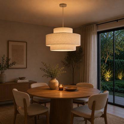 Minimalistische beige Trilo hanglamp van katoen en linnen. Perfect voor een warme, Japandi sfeer in jouw interieur.