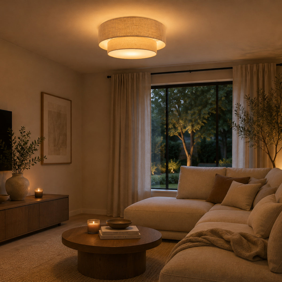 Deze beige Trilo plafondlamp brengt een serene Japandi-sfeer in uw interieur. Perfect voor een warme, uitnodigende ambiance.