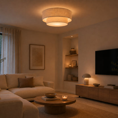 Beige Trilo plafondlamp in katoen en linnen. Voegt een warme, Japandi sfeer toe aan jouw interieur.