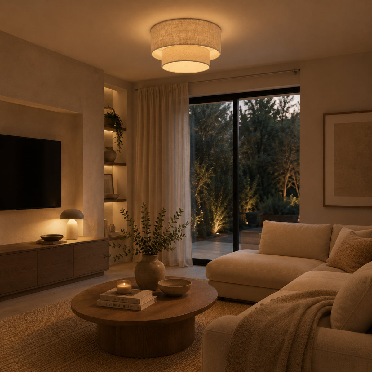 Ruime beige plafondlamp Trilo van katoen en linnen, perfect voor een warme Japandi sfeer in je interieur.