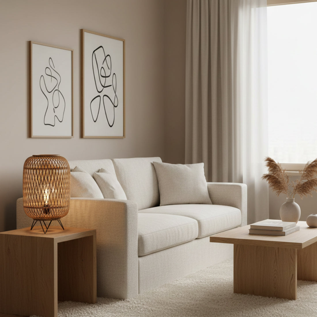 Deze beige Nature Diagonaal tafellamp straalt landelijke charme uit in elke woonkamer. Perfect voor een warme, gezellige sfeer.