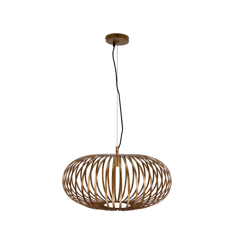 Detail opname van de gouden Curvato hanglamp met industrieel design. Een schitterend statement voor boven de eettafel.