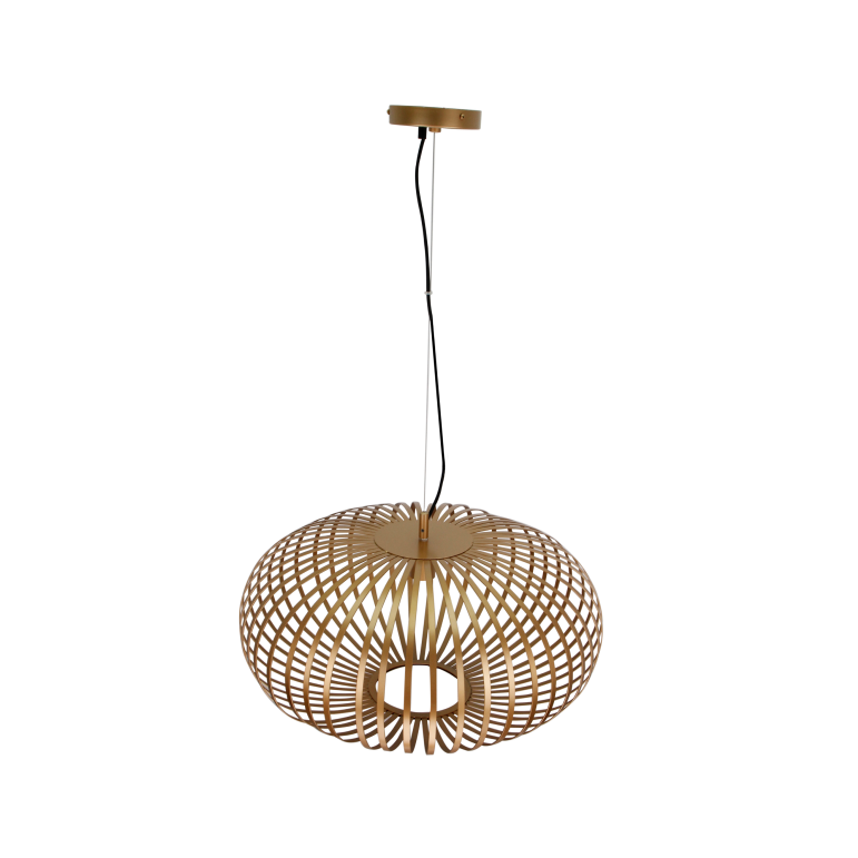 Detailweergave van de gouden Curvato hanglamp. Deze industriële lamp voegt een luxe touch toe aan ieder interieur.