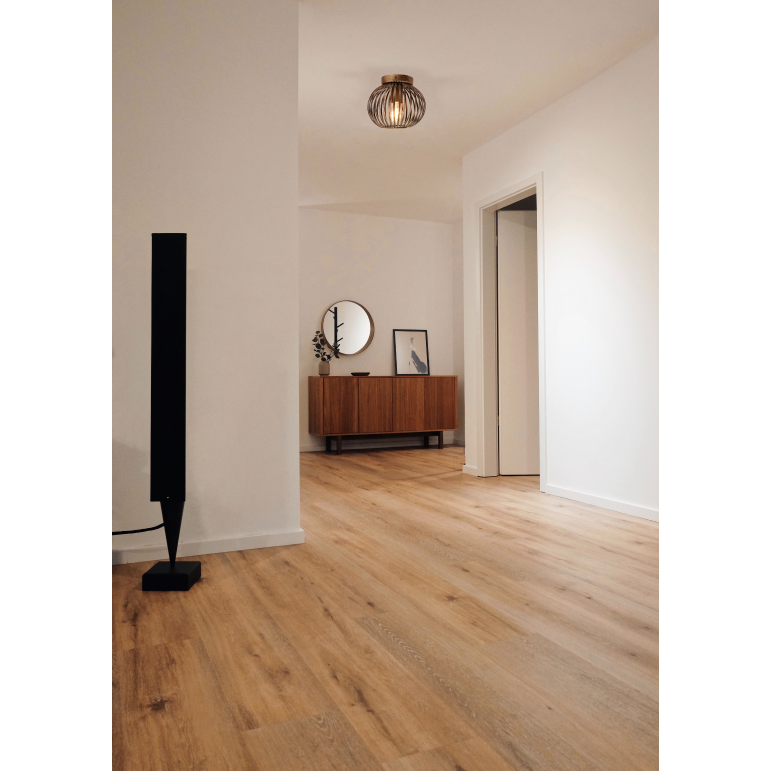 The bronze Curvato ceiling light radiates warmth in an industrial setting. Its unique design adds character to any room.