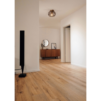 The bronze Curvato ceiling light radiates warmth in an industrial setting. Its unique design adds character to any room.