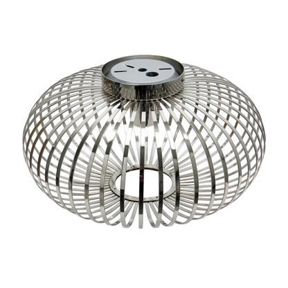 Close-up of the modern chrome Curvato ceiling light. Its sleek design adds a touch of elegance to any room.