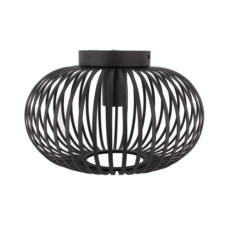Detailfoto van de Curvato plafondlamp in zwart. Deze industriële lamp voegt een stoere charme toe aan elke ruimte.