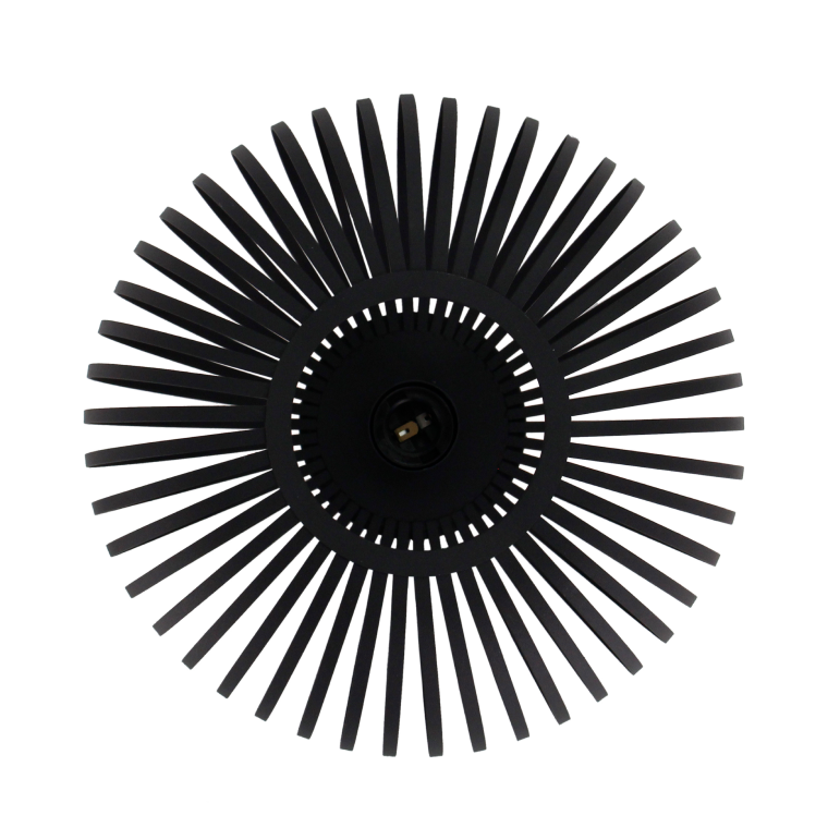 Vanuit een uniek onderaanzicht toont deze zwarte Curvato plafondlamp zijn industriële charme.
