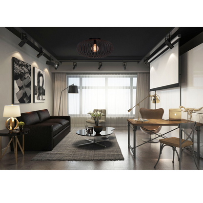 Bijzondere zwart metalen plafondlamp Curvato met een industrieel design. Perfect voor een moderne en stijlvolle ambiance.