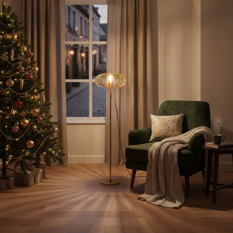 Details van de gouden Curvato vloerlamp stralen moderne elegantie uit. Perfect voor het verfraaien van je interieur.