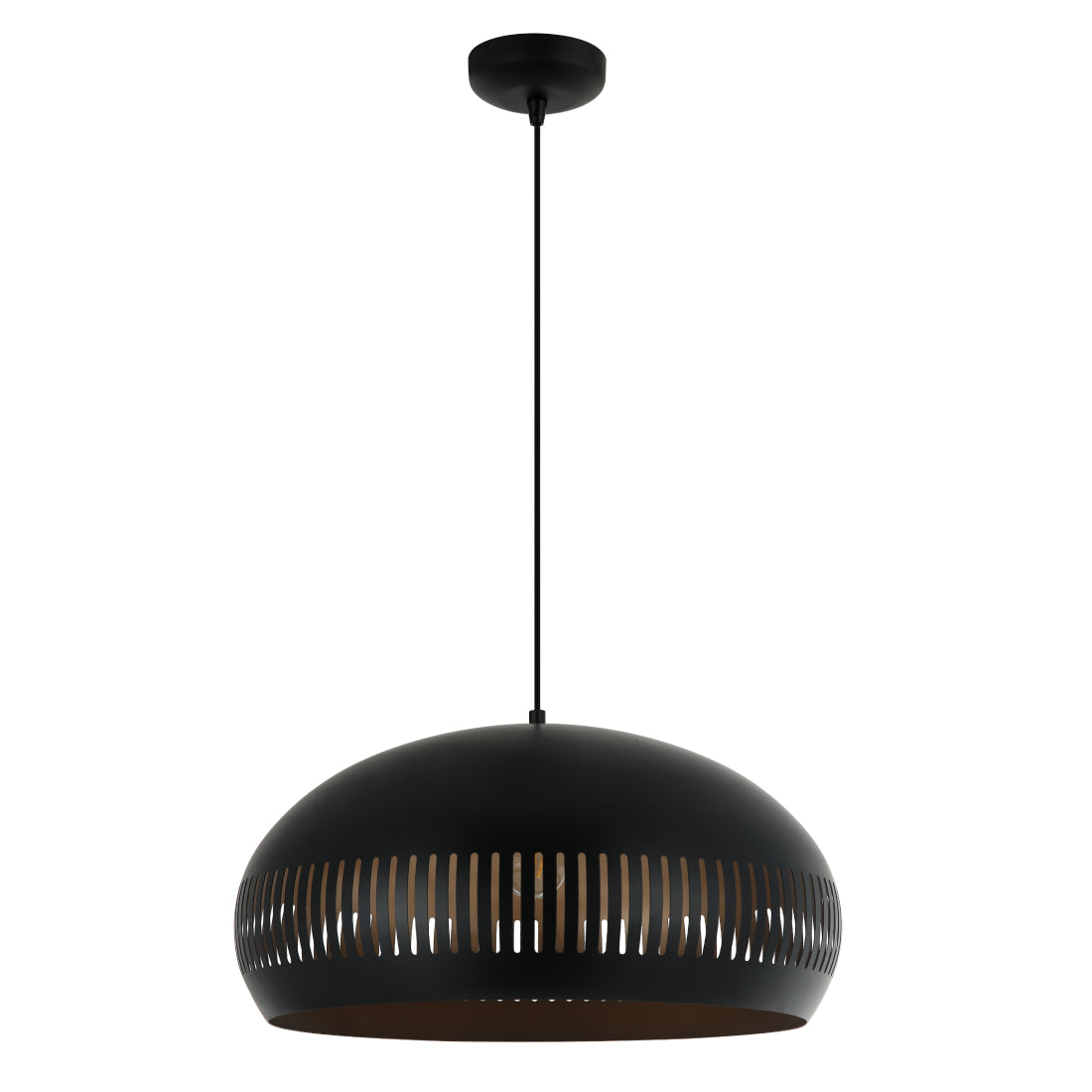 Detail van de Duomo hanglamp in zwart met gouden accenten. Deze moderne lamp voegt luxe toe aan elke ruimte.