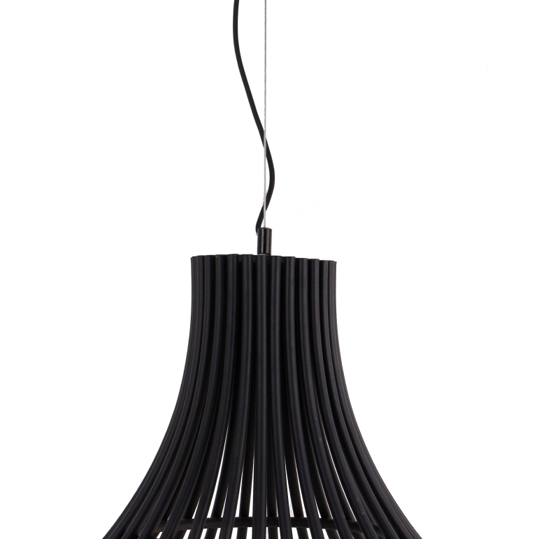 Detail van de moderne zwarte Goccia hanglamp met een unieke vorm.