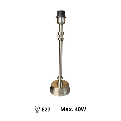 Deze moderne lampenvoet in nikkel heeft een strakke uitstraling. Perfect voor een eigentijdse inrichting.