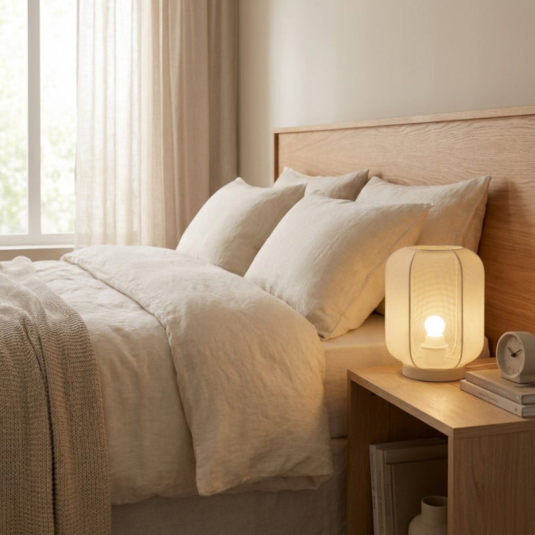 Illuminate your space with the soft glow of this cream Lecce table lamp. A perfect blend of Japandi style and functionality.