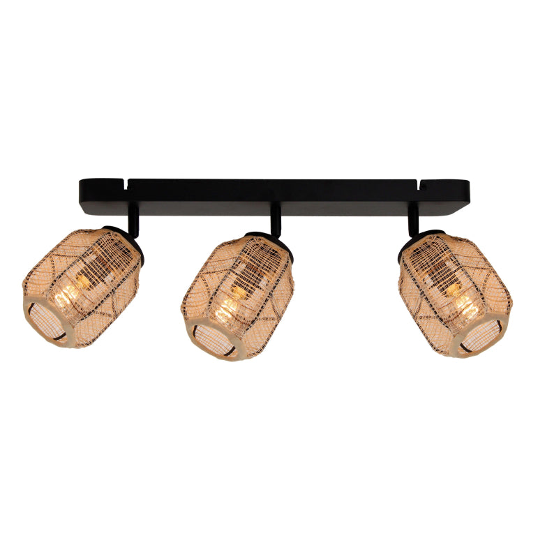 Natuurlijke bruin jute plafondlamp in detail. Ideaal voor een warme, landelijke sfeer in uw interieur.