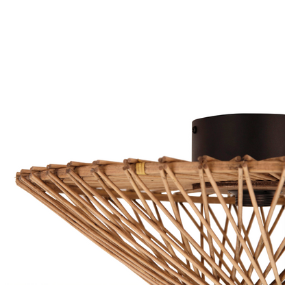Dichtbijzicht van de bruine Nature Trapeze plafondlamp. Dit moderne ontwerp voegt een warme touch toe aan elke ruimte.
